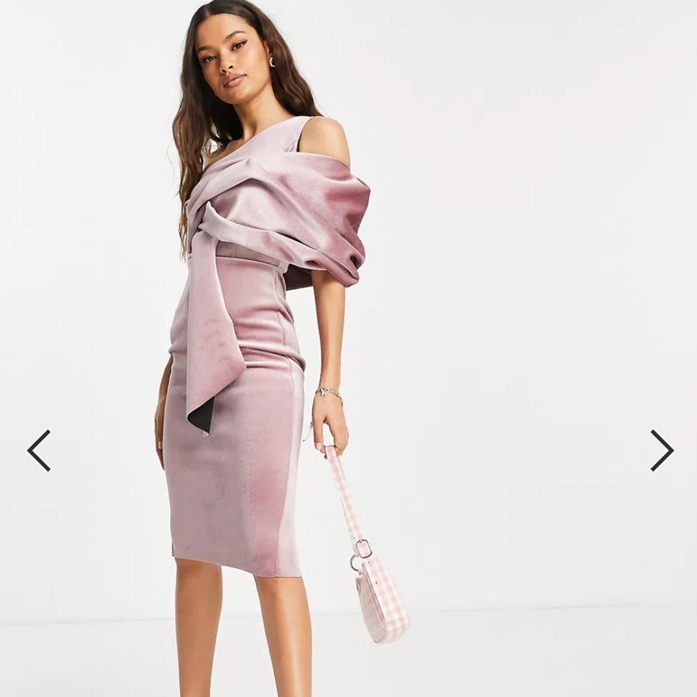 ASOS design petite velvet peekaboo shoulder tuck midi pencil dress in rose pink